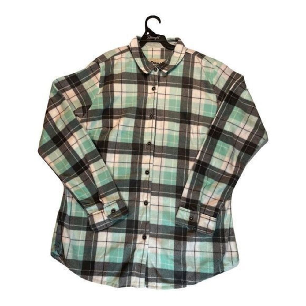Domini Plaid Shirt Womens Size Large Green Gray Fleece Long Sleeve